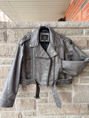 NWT QED London Grey Washed Faux Leather Moto Biker Jacket US 12-16